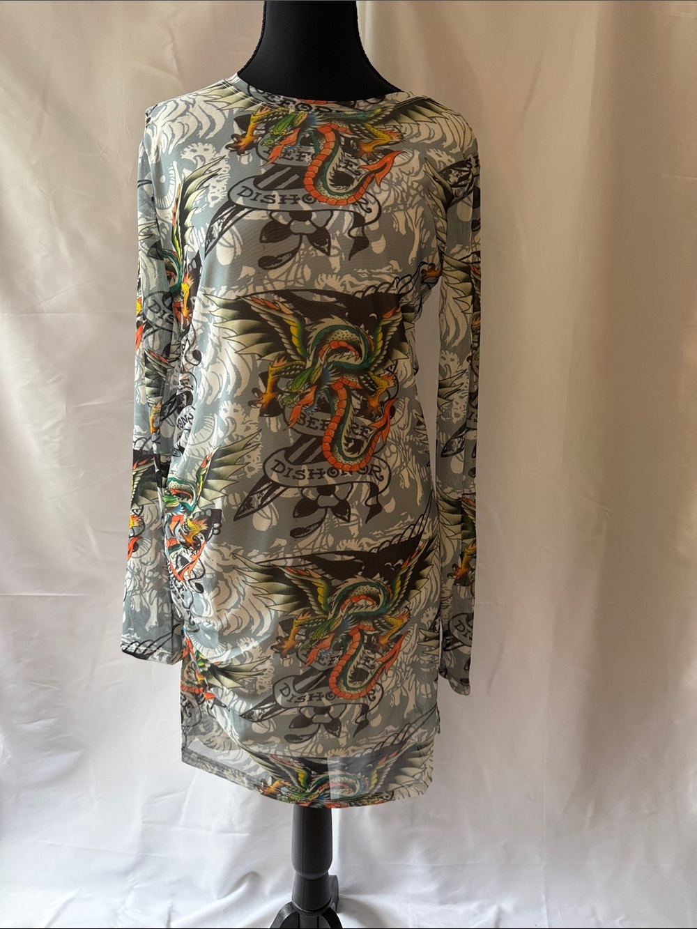 Ed Hardy Long-Sleeve Printed Sheath Dress in Light Gray with Multicolor Graphic